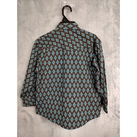 Rock & Roll Denim Kids Western Shirt S Brown Turquoise Diamond Print Snap Front - Picture 4 of 9